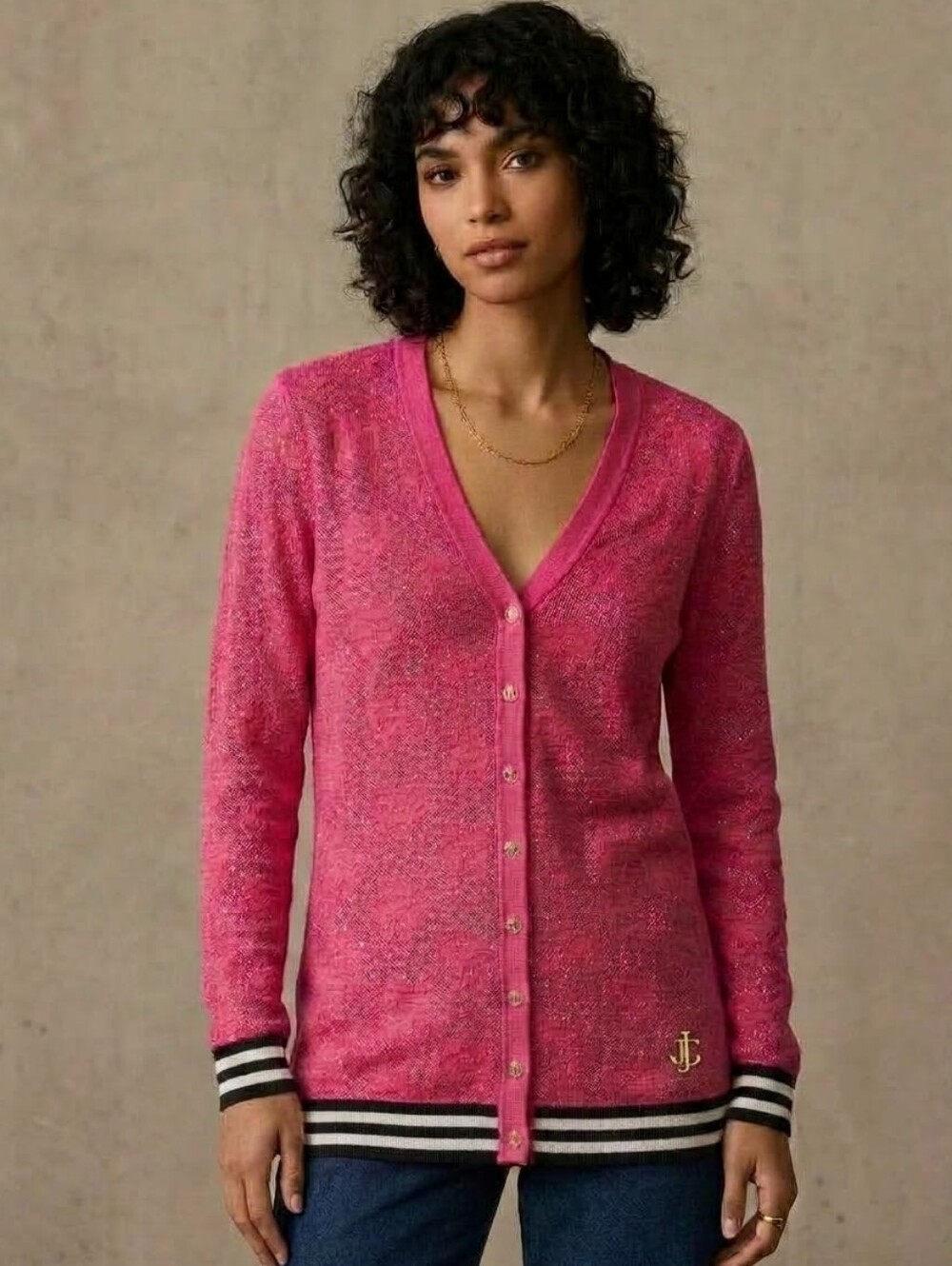 JUICY COUTURE NEW Y2K Metallic L Shimmer Logo Button Cardigan Sweater Wool Pink